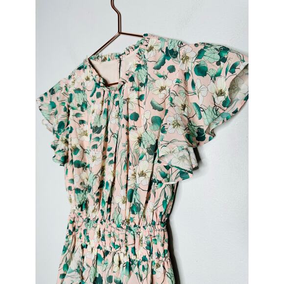SHOSHANNA Pink Floral Hourglass Flutter Sleeves Ruffled Triana Midi Dress Size 2 - Picture 5 of 13